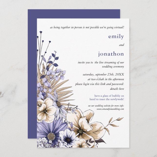 Convites Purple Cream Watercolor Florals Casamento Virtual (Frente/Verso)