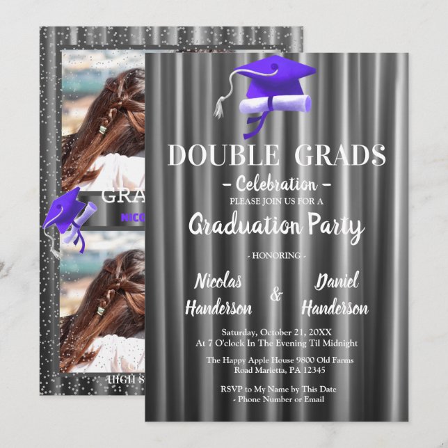 Convites Purple double Celebration Graduation Party 2 photo (Frente/Verso)