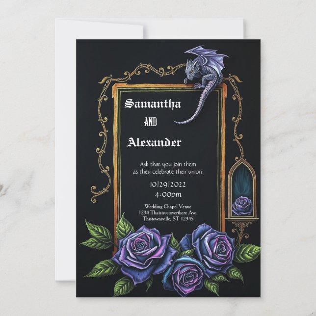 Convites Purple Dragon and Roses Gothic Wedding Invitation (Frente)