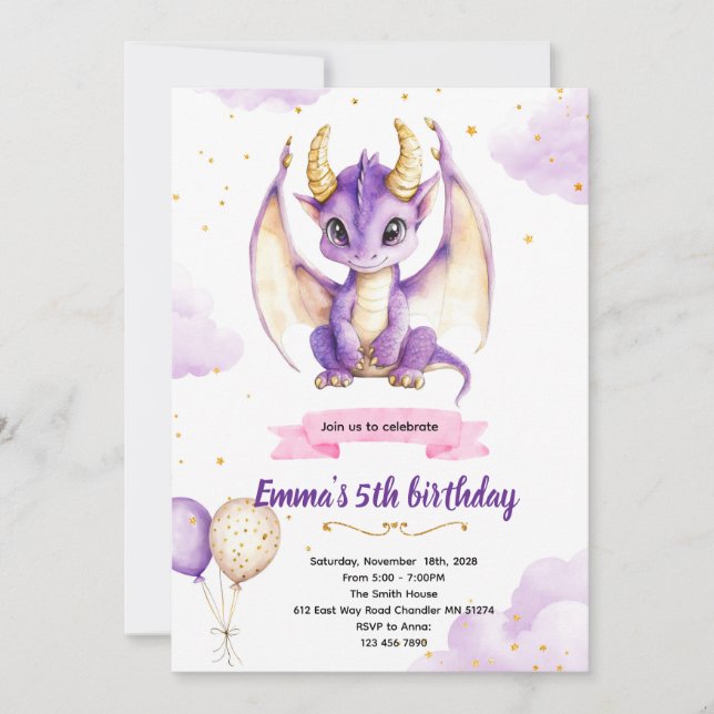 Convites Purple dragon birthday party invitation (Frente)