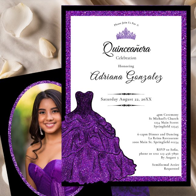 Convites Purple Dress and Tiara Custom Photo Quinceanera (Criador carregado)