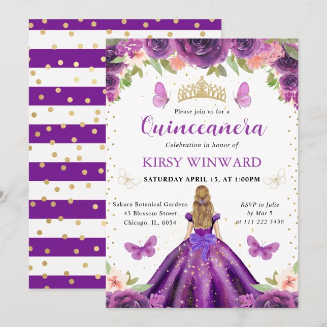Convites Purple Dress Blona Princesa Quinceanera (Frente/Verso)