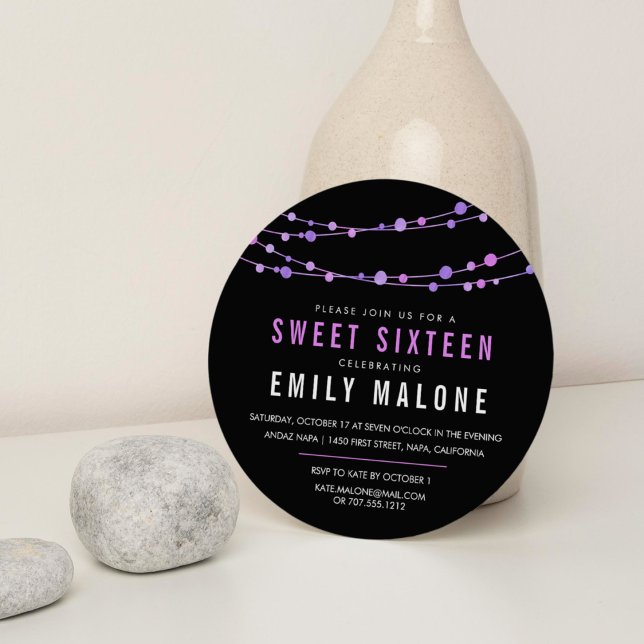 Convites Purple e Black Confetti Garland Sweet 16 (Criador carregado)