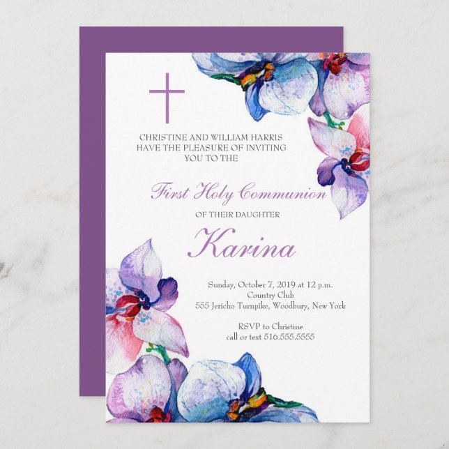 Convites Purple e Blue Floral Primeira Comunhão Santa (Frente/Verso)