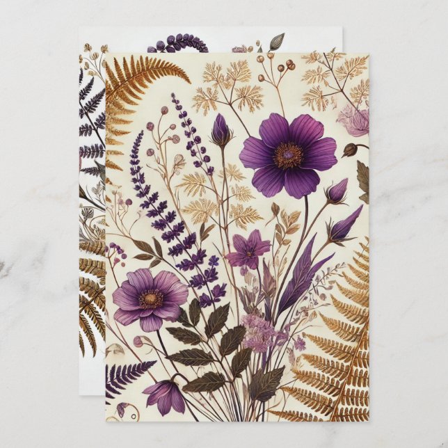 Convites Purple e Dourado Boho Wildflower e Ferns para impr (Frente/Verso)