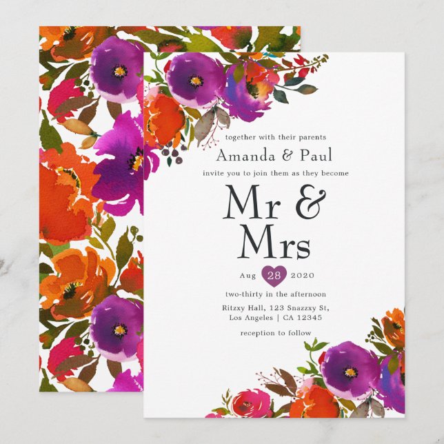 Convites Purple e Orange Floral Sr. e Sra. Wedding (Frente/Verso)