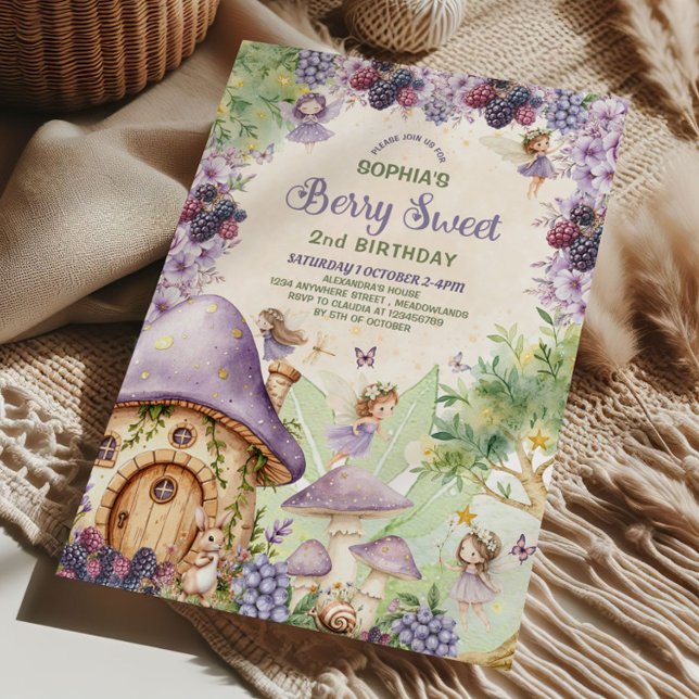 Convites Purple Fairy Berry Sweet 2nd Birthday Invitation (Criador carregado)