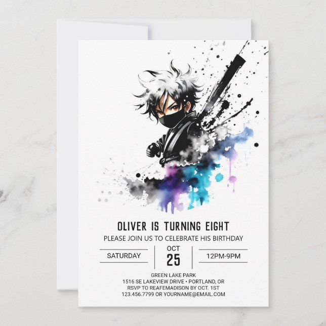 Convites Purple Fantasy Ninja Boy Digital Birday (Frente)