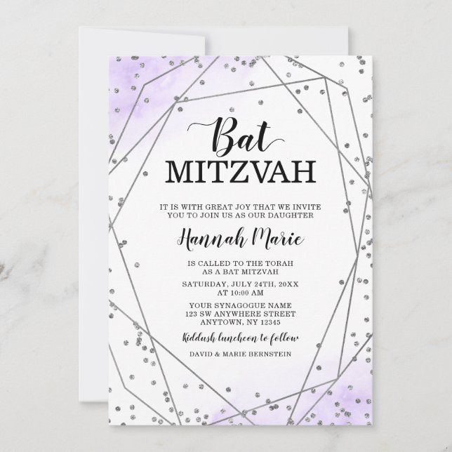 Convites Purple Faux Silver Glitter Geométrico Bat Mitzvah (Frente)