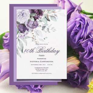 Convites Purple Floral aniversário de 40 anos Watercolor Mo