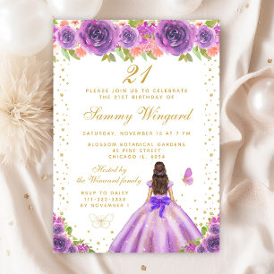 Convites Purple Floral Brunette Hair Princess Birthday