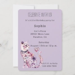 Convites Purple Floral Cat Birthday  