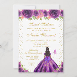 Convites Purple Floral Dark Skin Princess Sweet Sixteen