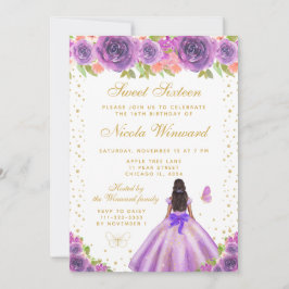 Convites Purple Floral Dark Skin Princess Sweet Sixteen