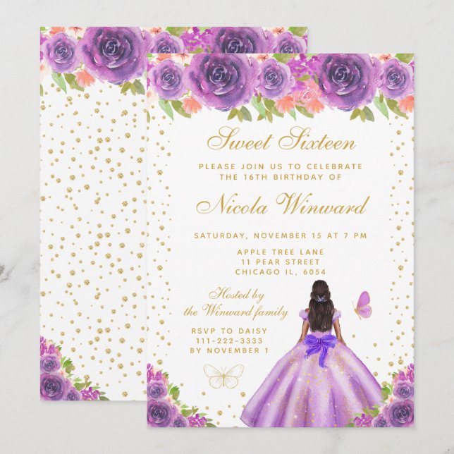 Convites Purple Floral Dark Skin Princess Sweet Sixteen (Frente/Verso)