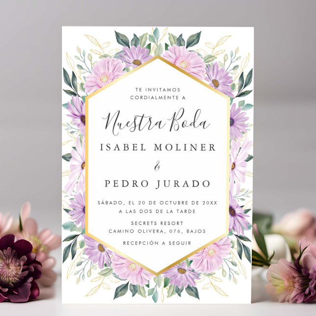 Convites Purple Floral Dourada deixa Nuestra Boda (Criador carregado)