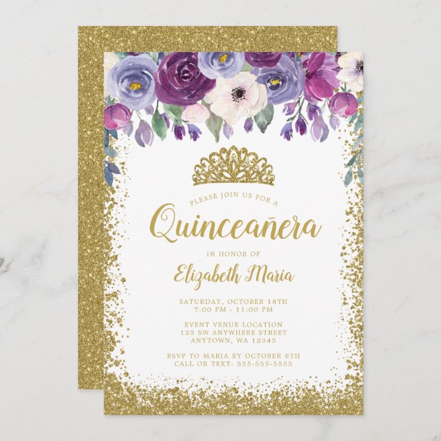Convites Purple Floral Faux Dourada Glitter Tiara Quinceane (Frente/Verso)