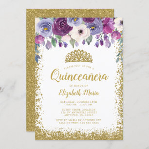 Convites Purple Floral Faux Dourada Glitter Tiara Quinceane