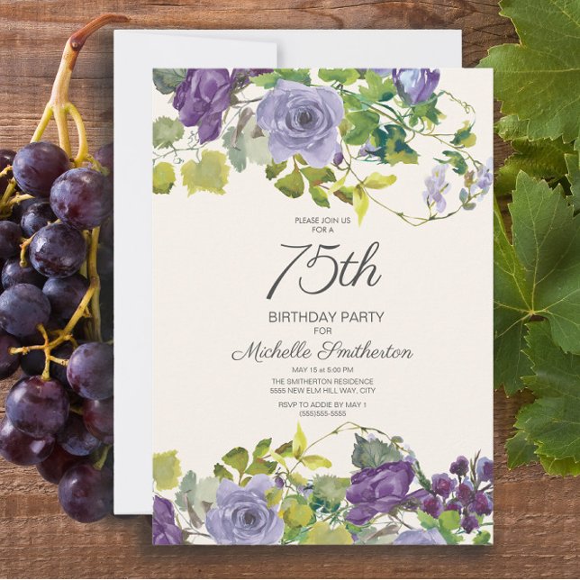 Convites Purple Floral Green deixa 75º aniversário mulheres (Purple watercolor floral and vines 75th birthday party invitation)