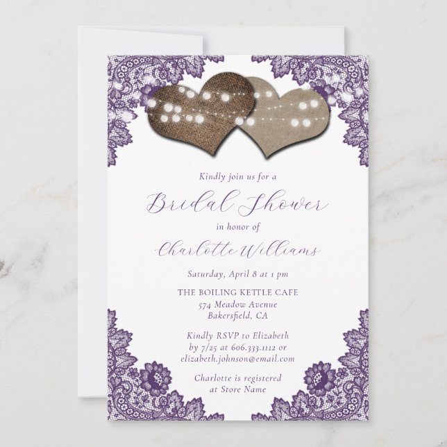 Convites Purple Floral Lace Burlap Hearts Bridal Shower (Frente)