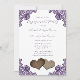 Convites Purple Floral Lace Burlap Hearts Engagement Party