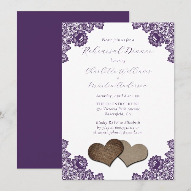 Convites Purple Floral Lace Burlap Hearts Rehearsal Dinner (Frente/Verso)