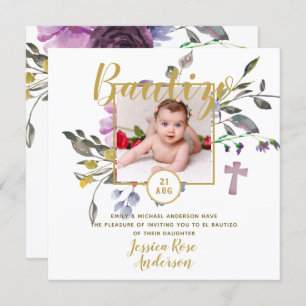 Convites Purple Floral PHOTO Bautizo Invitación Espanhola