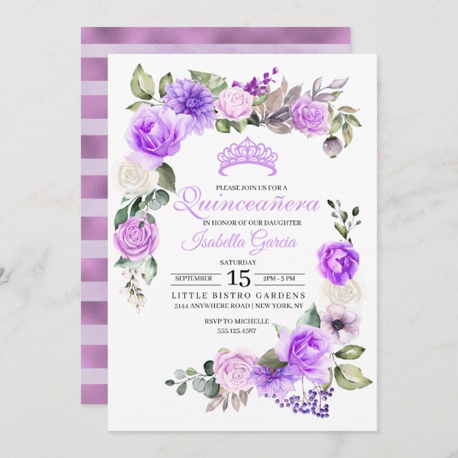 Convites Purple Floral Primavera Quinceanera Birthday Invit (Frente/Verso)