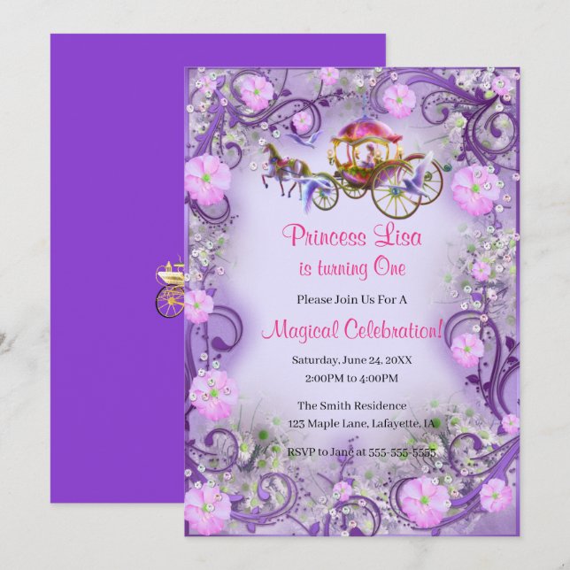 Convites Purple Floral Princess Fairy primeiro aniversario (Frente/Verso)