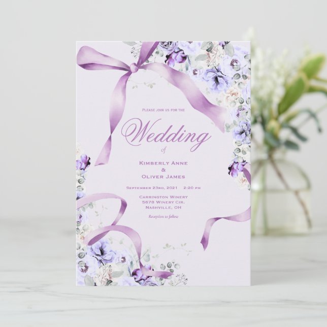Convites Purple Floral Ribbons Elegant Wedding Invitation (Em pé/Frente)