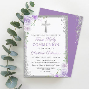 Convites Purple Floral Silver Glitter Primeira Comunhão Sa