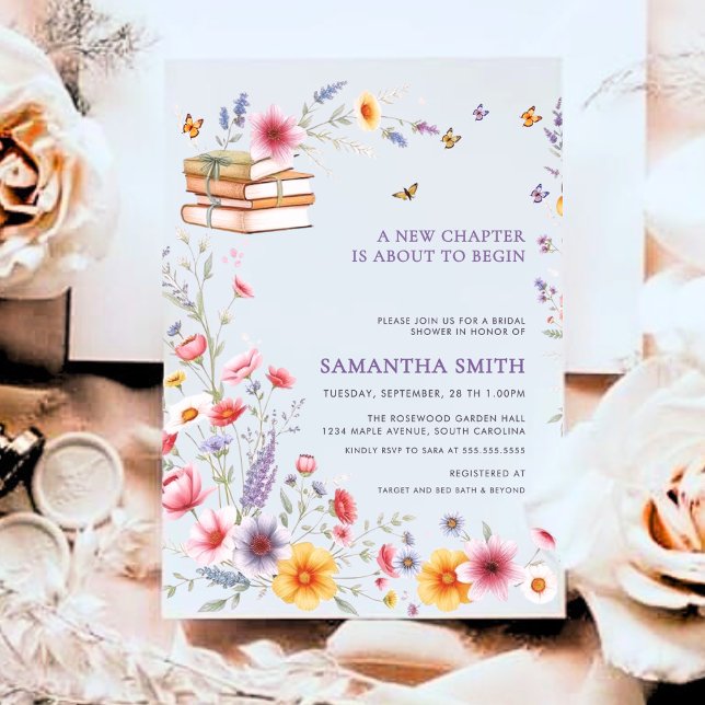 Convites Purple Floral Storybook Chapter Bridal Shower (A romantic purple floral bridal shower invitation with books, butterflies, and elegant garden charm!)