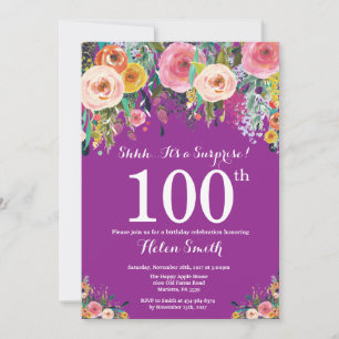 Convites Purple Floral Surprise 100th Aniversário