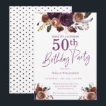 Convites Purple Floral Surprise 50th Festa de aniversário<br><div class="desc">Este cartão é perfeito para o seu 50º evento de festa de aniversário,  mas pode ser personalizado para ajustado em qualquer ocasião. O design apresenta um fundo branco,  flores de aquarela roxas e douradas e tipografia personalizada.</div>