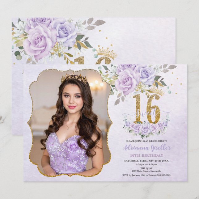 Convites Purple Floral Sweet Sixteen 16th Birthday Photo (Frente/Verso)