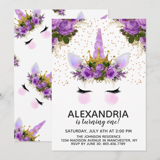 Convites Purple Floral Unicorn Princess Birthday (Frente/Verso)