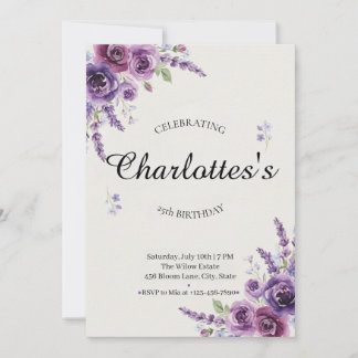 Convites Purple Floral Watercolor Birthday Invitation