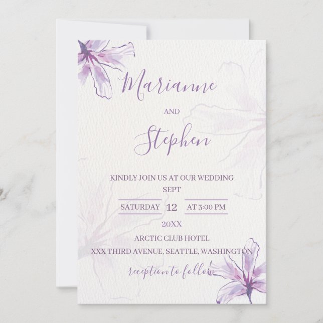 Convites Purple Floral Watercolor Wedding Invitation (Frente)