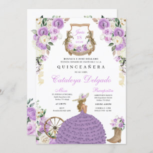 Convites Purple Floral Western Mariachi Charro Quinceañera
