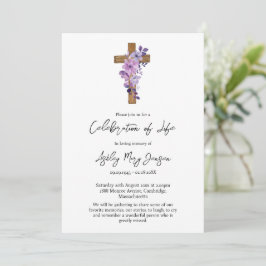 Convites Purple flower cross Celebration of Life Funeral