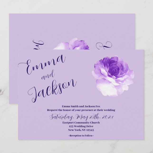 Convites Purple Flower Script Wedding Invitation (Frente/Verso)