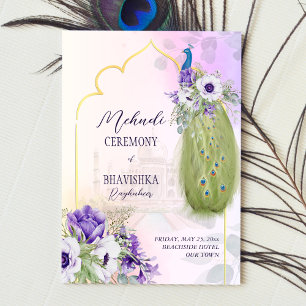Convites Purple flowers, peacock mehndi invitation