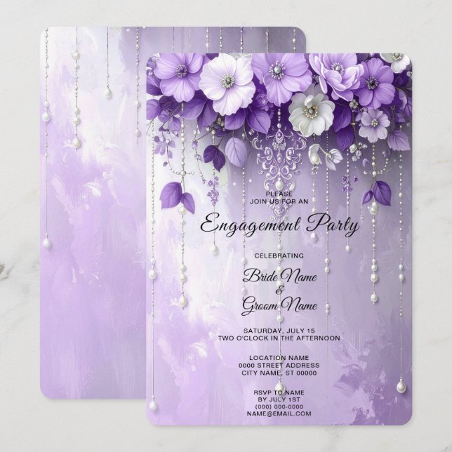 Convites Purple Flowers with Dangling Pearls Engagement (Frente/Verso)