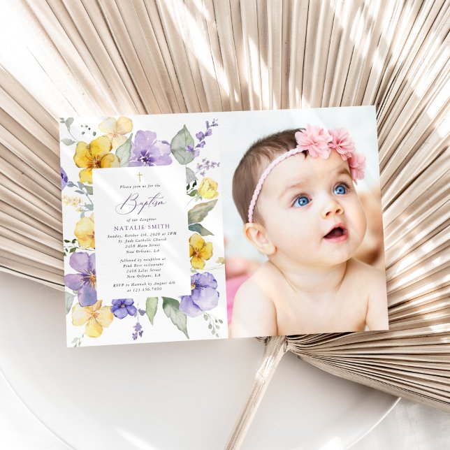 Convites Purple Flowers, Yellow Flowers, Boho, Baptism (Criador carregado)
