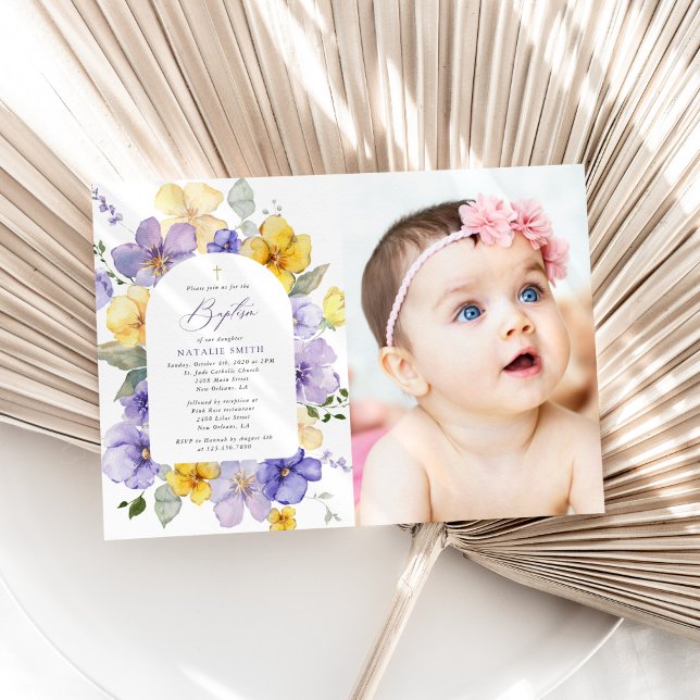 Convites Purple Flowers, Yellow Flowers, Boho, Baptism (Criador carregado)