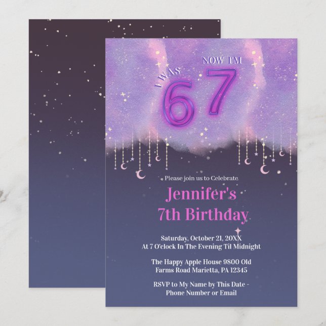 Convites Purple Galaxy “I Was 6 Now I’m 7” Girl Birthday (Frente/Verso)