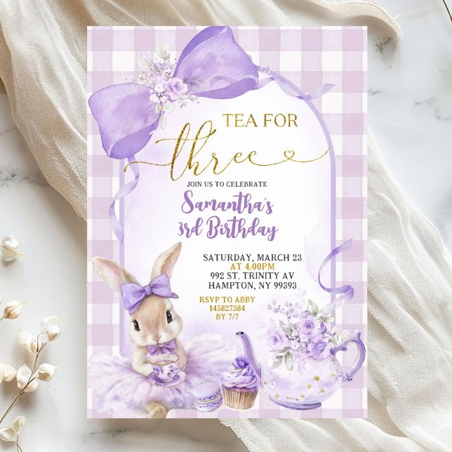 Convites Purple Gingham Bow Bunny Tea Party Third Birthday (Criador carregado)