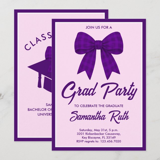Convites Purple Gingham Bow Graduation Party (Frente/Verso)
