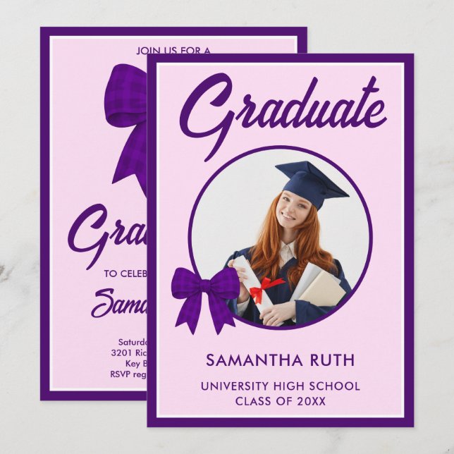 Convites Purple Gingham Bow Photo Graduation Party (Frente/Verso)