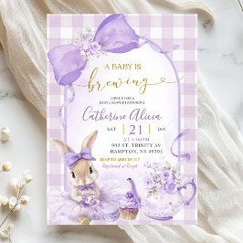 Convites Purple Gingham Coquette Bunny Brew Tea Baby Shower